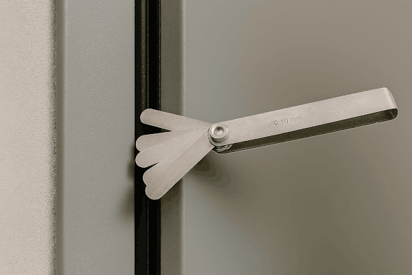 Fühlerlehre misst Spaltmaß an der Falz einer Brandschutztür – Kontrolle der Türdichtung