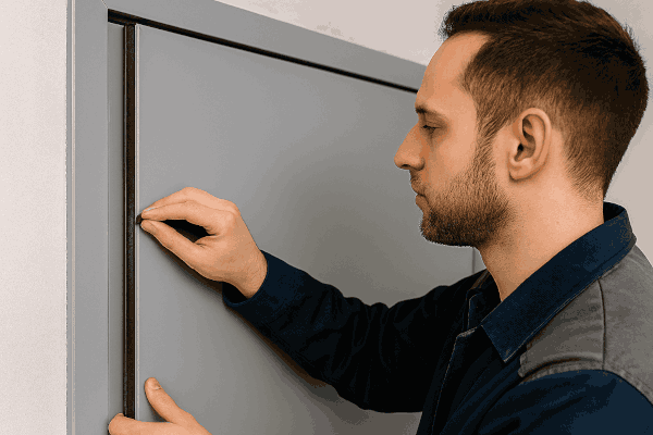 Dichtungsprüfung an der Falz einer Brandschutztür – Kontrolle der Türdichtung auf Sitz und Unversehrtheit